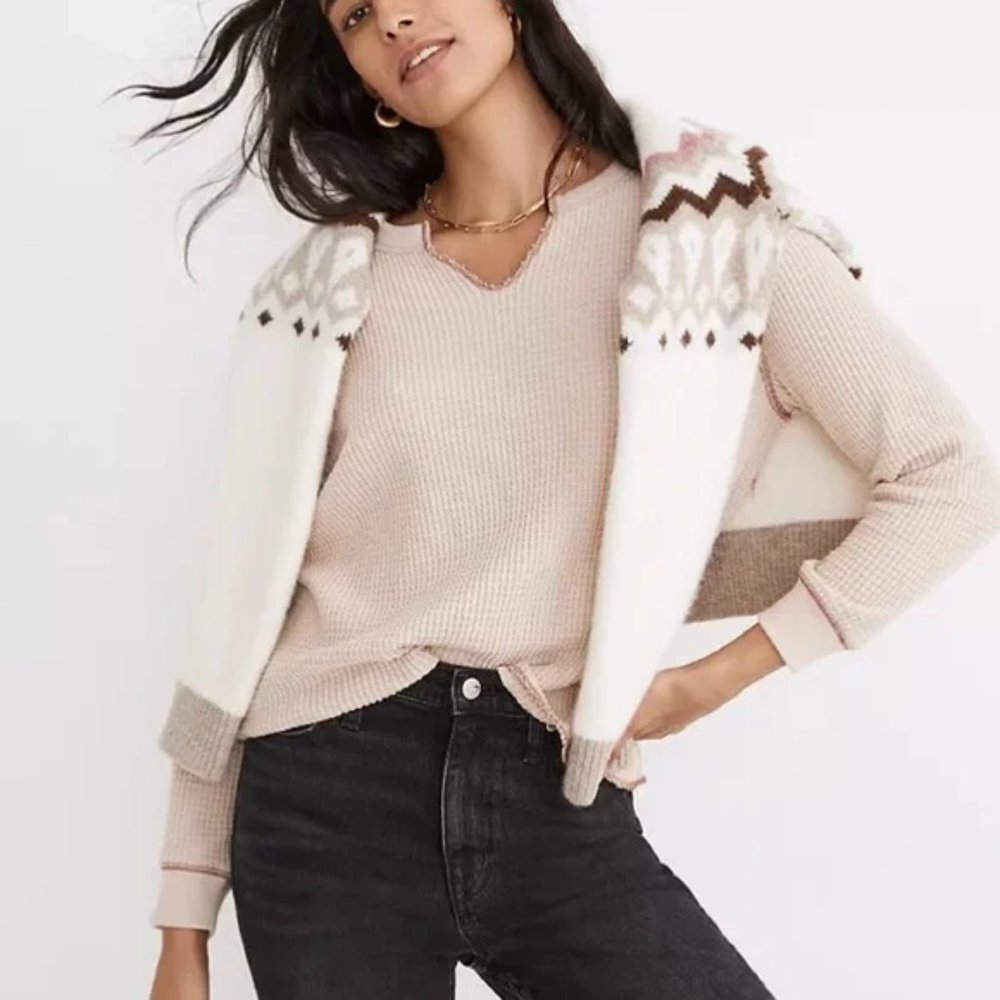 MADEWELL Waffle Split-Neck Dove Pink Long Sleeve Crop Tee